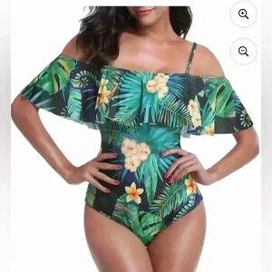 Tropical floral print one piece swimsuit off shoulder ruffle cut out back Large